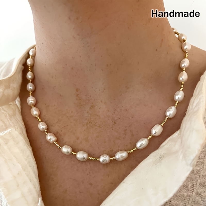 Women's Freshwater Pearl Necklace with 18K Gold-Plated Beads